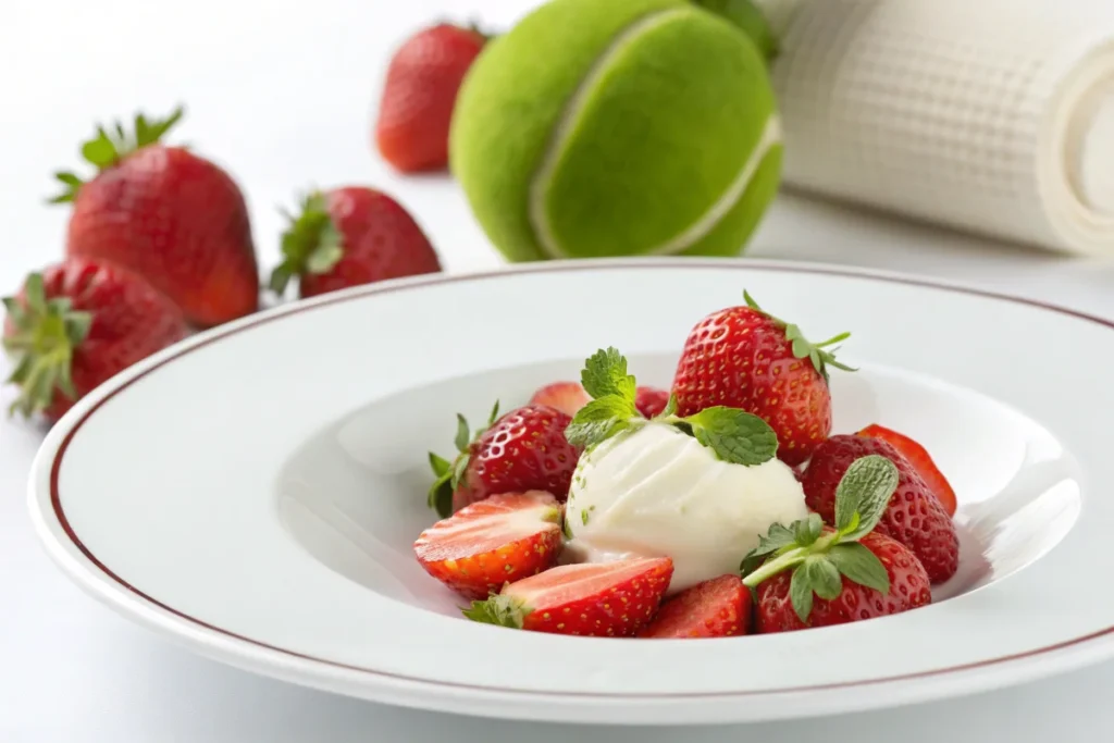 Tradition of Strawberries : Spectators at Wimbledon enjoying strawberries and cream, a traditional treat at the championships." or "Close-up of a Wimbledon server preparing strawberries and cream, emphasizing the event's tradition of quality