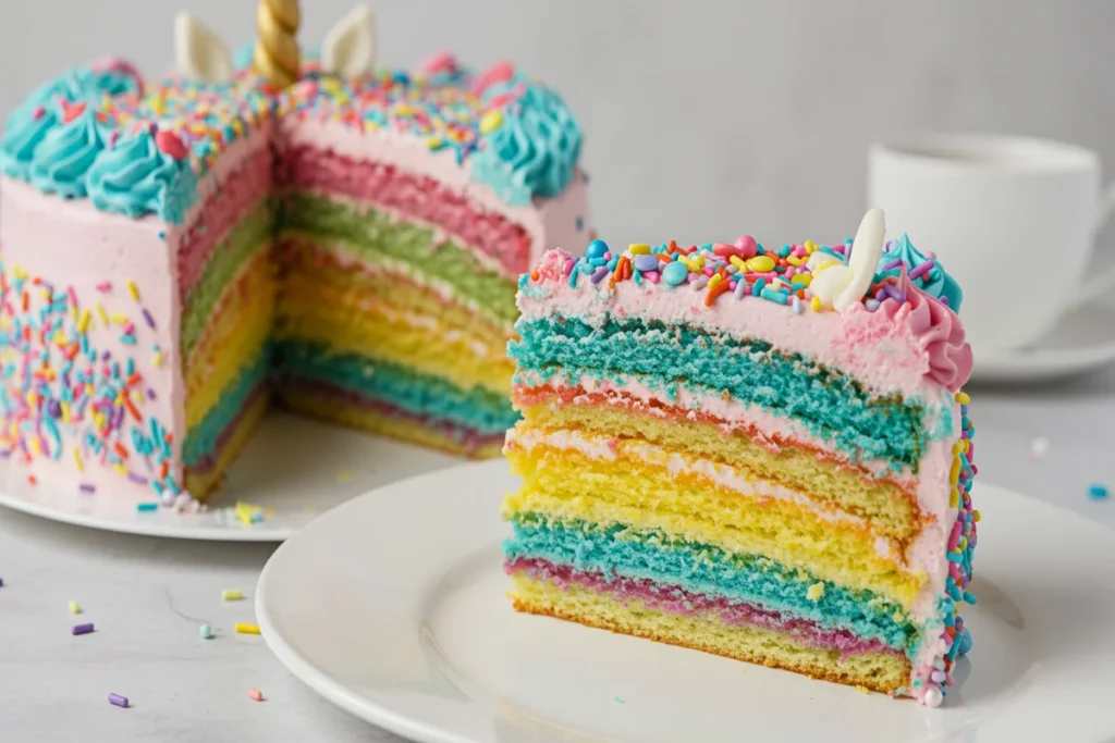 Naturally Unicorn Cake: Split image showing a colorful dessert cake and a cannabis bud.