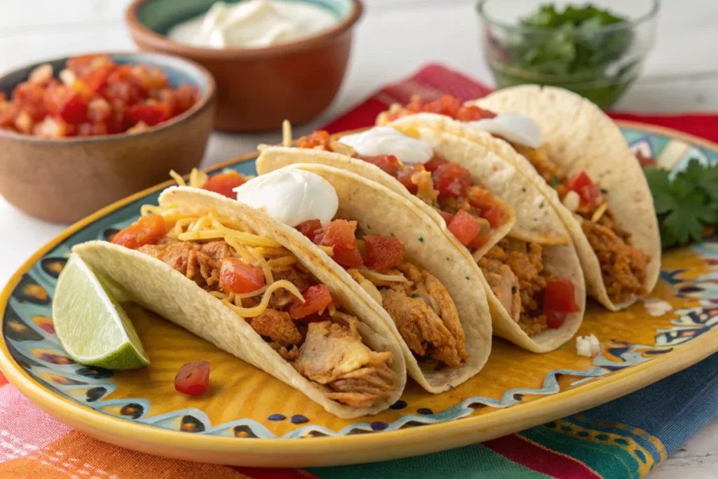 Rotisserie Chicken : Vibrant chicken tacos made with rotisserie chicken.