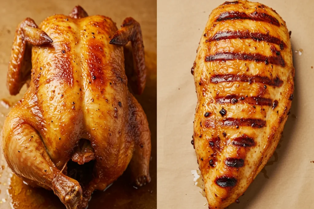 Side-by-side comparison: rotisserie chicken and chicken breast