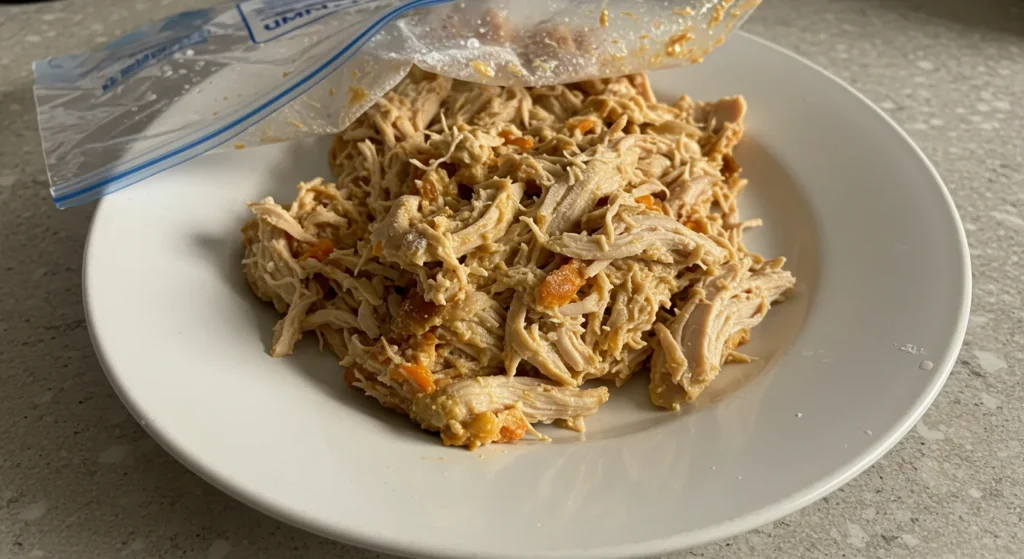 Can you freeze rotisserie chicken? This shows shredded chicken in a freezer bag.