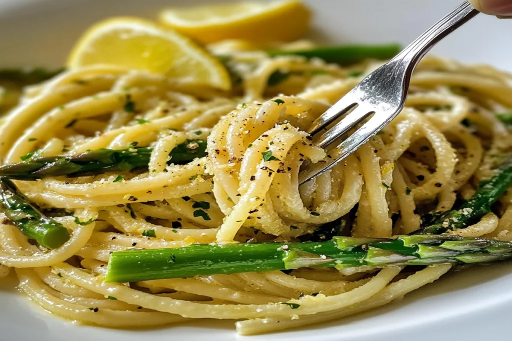 Delicious Asparagus & Lemon Pasta twirled on a fork, ready to enjoy.