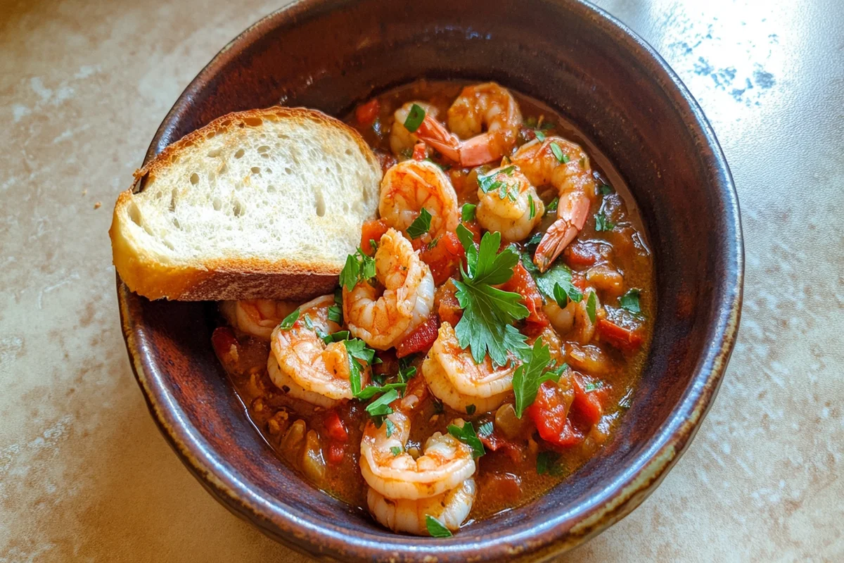 Delicious shrimp creole recipe in bowl, garnished w/ parsley. Tasty & easy family dinner.