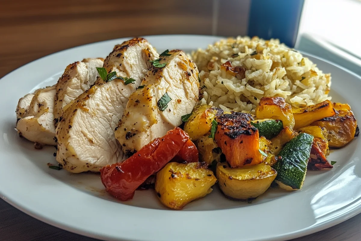 Juicy sliced baked chicken breast with roasted vegetables and rice. A perfect weeknight dinner.