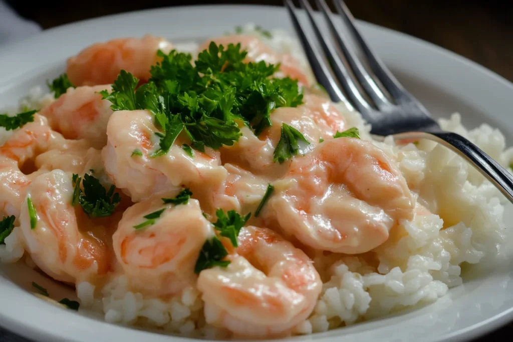 Delicious Brazilian Manjaro, a creamy shrimp dish served over rice, garnished with parsley.