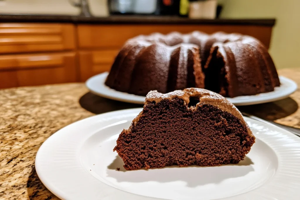 Slice of delicious Chocolate Cream Cheese Pound Cake on a plate, whole cake in background.