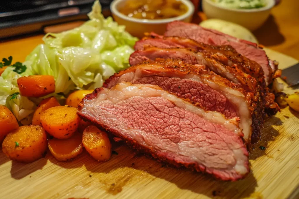 Mouthwatering sliced corned beef with vegetables. A classic and delicious corned beef recipe image.