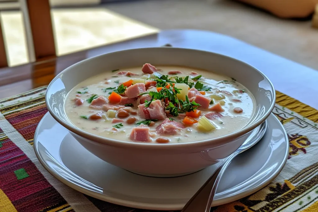 Hearty navy bean soup with ham, vegetables, and herbs in a bowl.