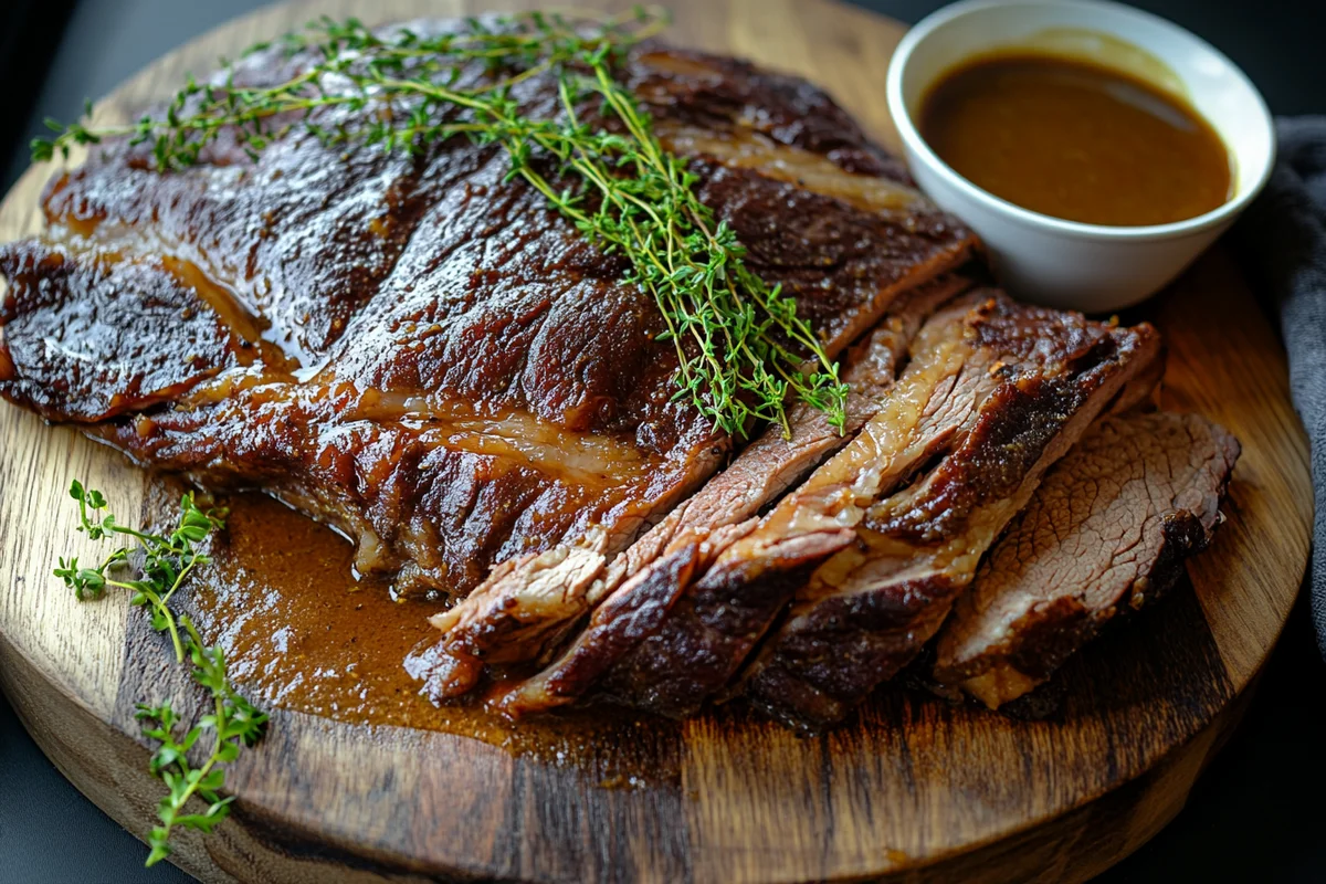 Juicy whole beef brisket on wooden platter with fresh herbs – Beef Brisket Recipe Oven