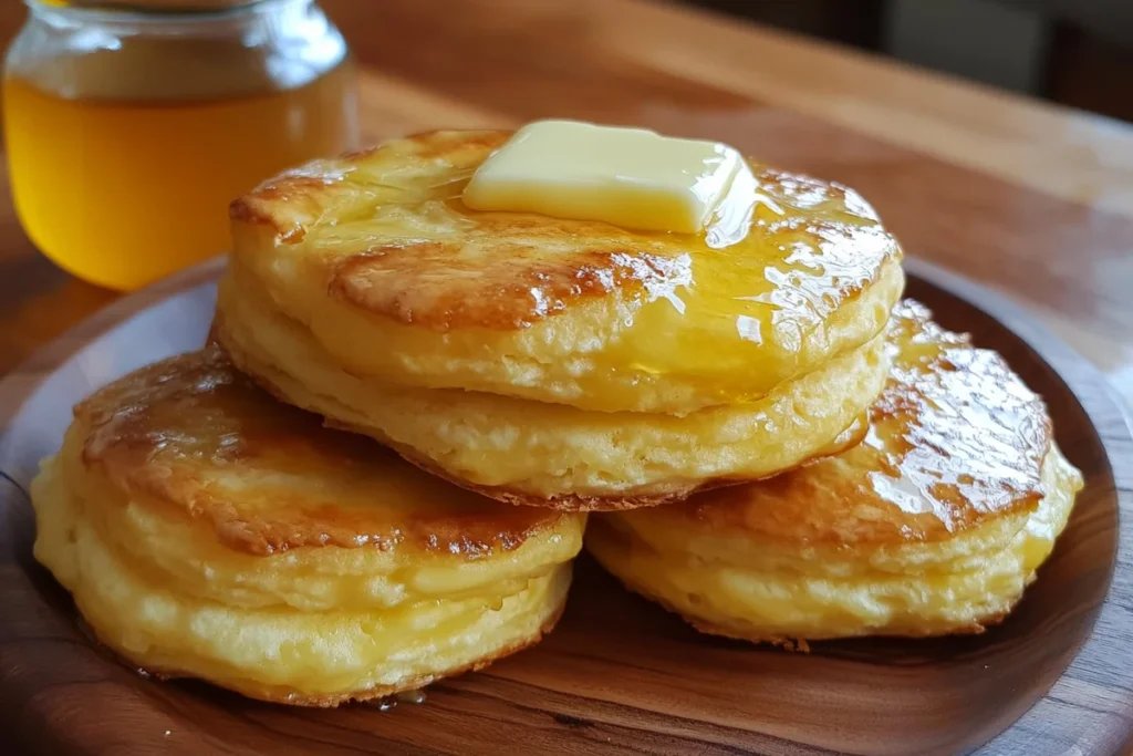 Stack of delicious, homemade mayonnaise biscuits with melting butter and honey.
