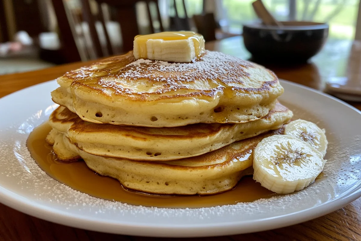 Stack of fluffy banana pancakes with maple syrup and banana slices on rustic kitchen table