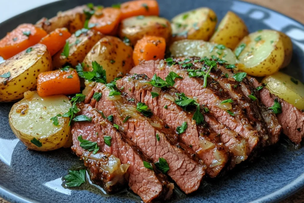 Delicious Instant Pot Corned Beef and Cabbage plated and ready to eat.