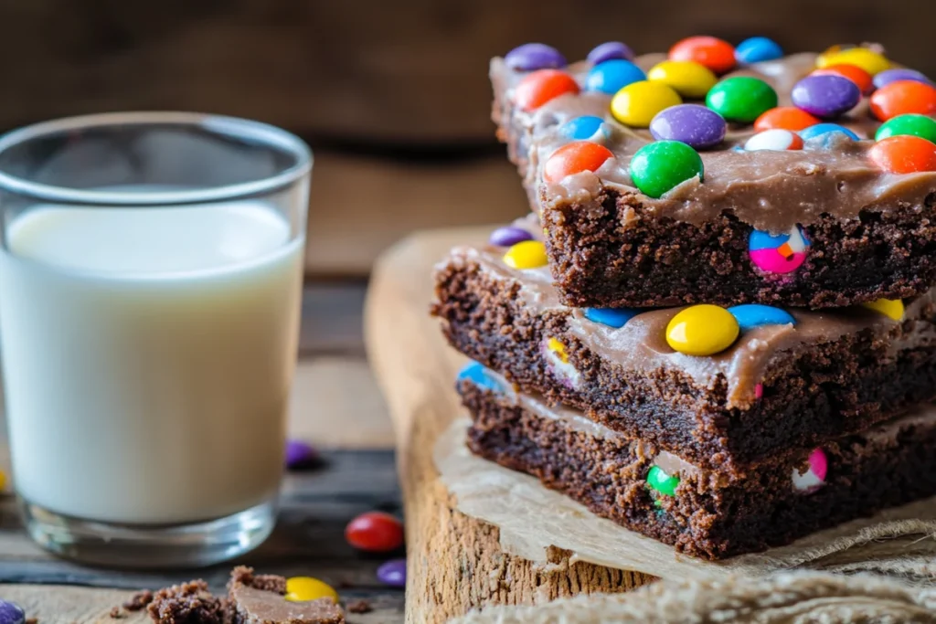 Stack of decadent Cosmic Brownies with colorful candy and a glass of milk.