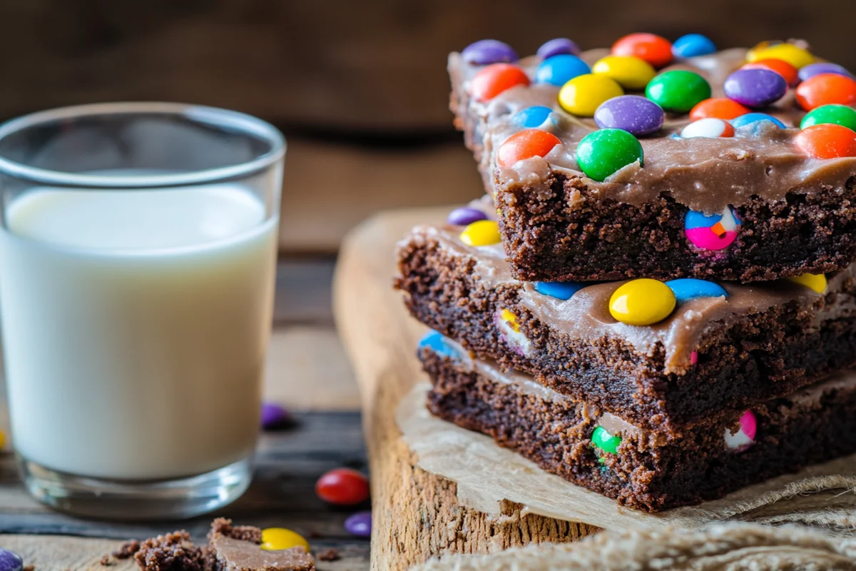 Stack of decadent Cosmic Brownies with colorful candy and a glass of milk.