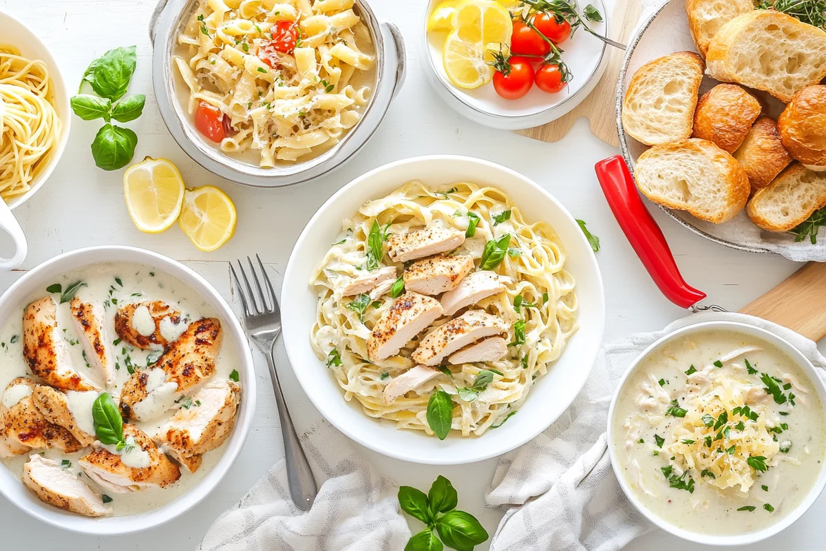 A spread of Italian pasta dishes with chicken, including Creamy Tuscan, Alfredo, Lemon Herb, and soup.