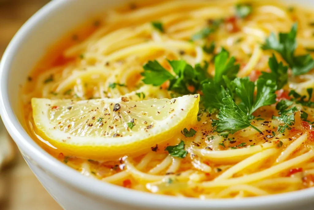 Close-up of delicious Lemon Spaghetti Soup, garnished with parsley and a lemon wedge.