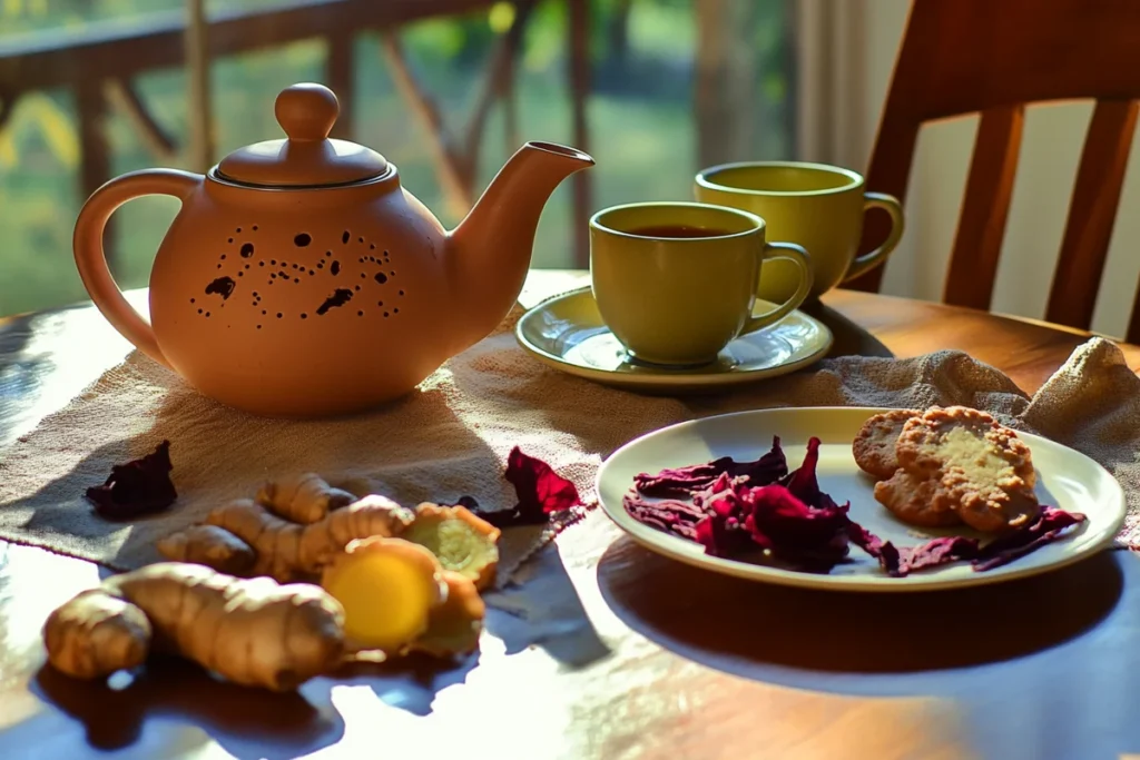 Mounjaro tea, cups, cookies, and ingredients arranged on a table.