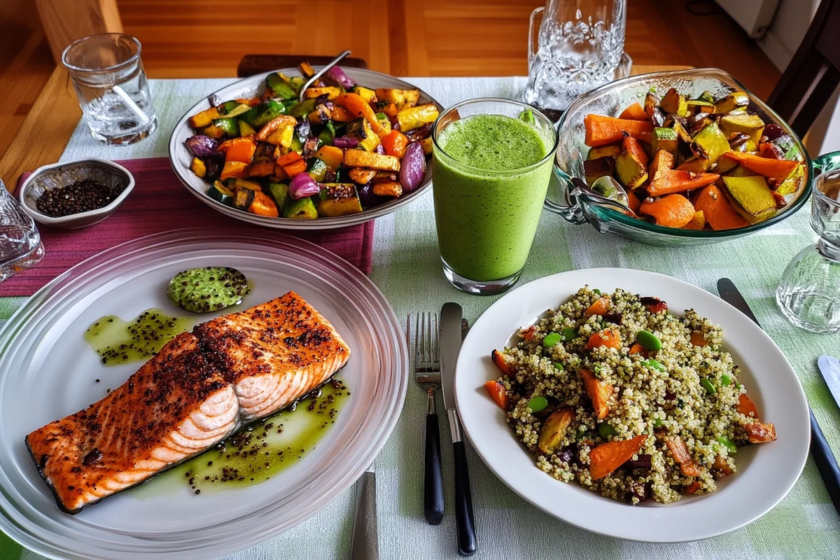 Delicious and healthy "natural Mounjaro" meal spread with salmon, roasted vegetables, quinoa salad, and a green smoothie.
