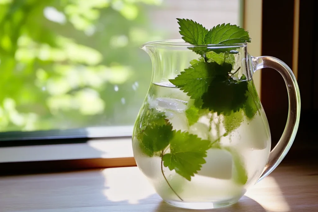 Lemon balm water in a pitcher with fresh leaves and ice cubes, perfect for weight loss.