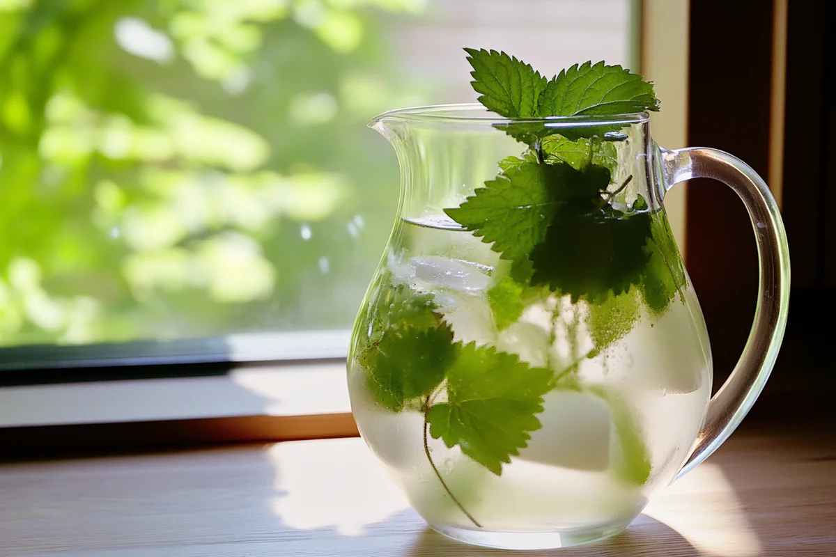 Lemon balm water in a pitcher with fresh leaves and ice cubes, perfect for weight loss.