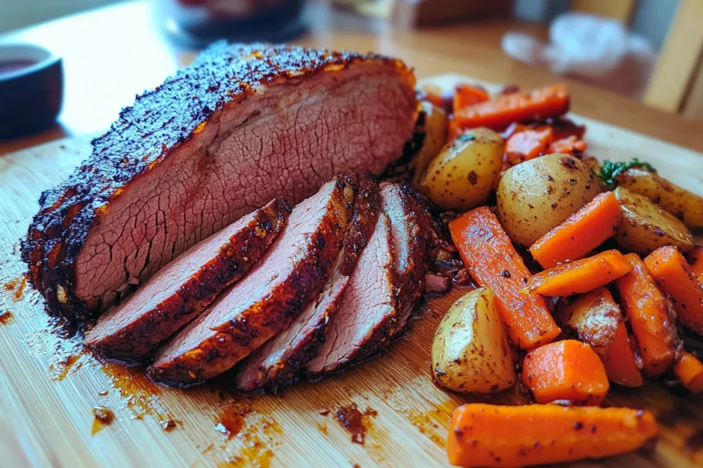 Slow cooker corned beef recipe brisket sliced on cutting board with carrots, potatoes.