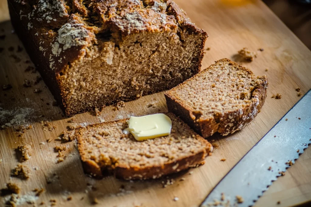 Seeded miso sweet potato bread loaf partially sliced on a wooden board.
