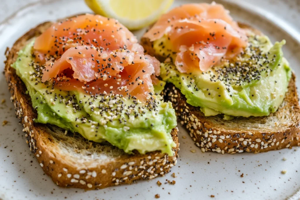 Anti-inflammatory smoked salmon avocado toast with everything bagel seasoning. A healthy, high-protein breakfast.