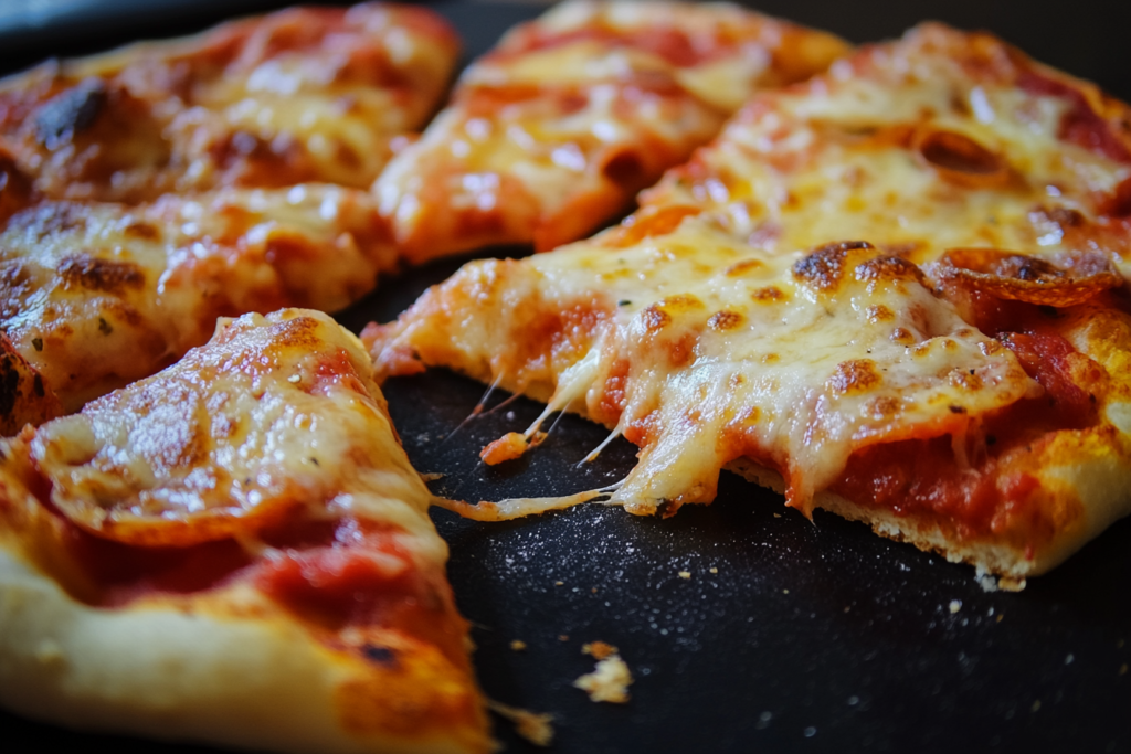 Sliced sourdough discard pizza dough with cheese and tomato sauce.