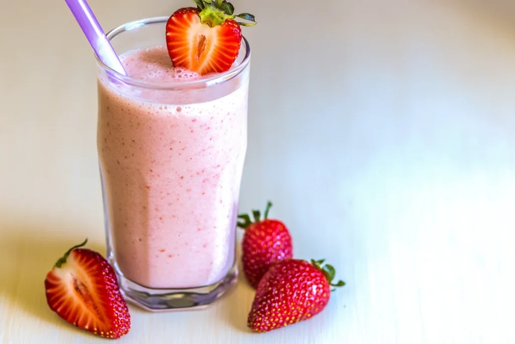 Refreshing strawberry smoothie in a tall glass with a straw, garnished with fresh strawberry. Strawberry smoothie recipe made easy.