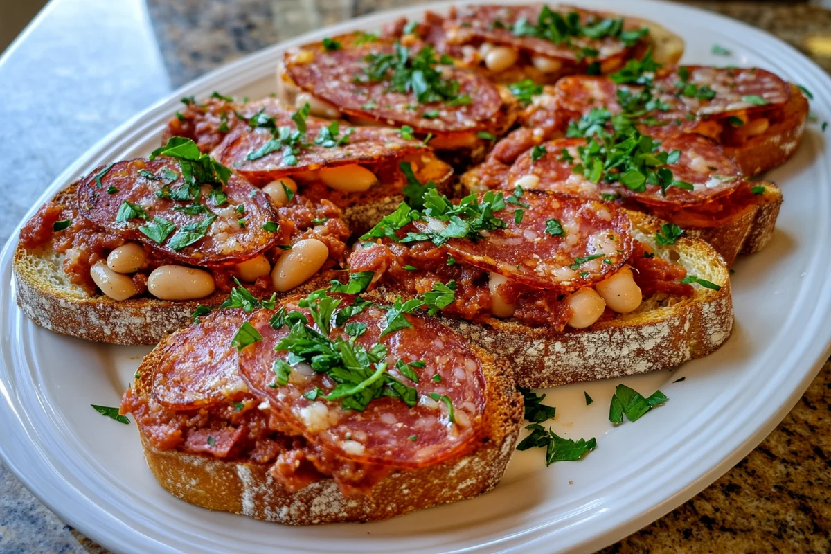 A close-up shot of White Bean and Salami Toasts with creamy white bean purée, crispy salami, and golden toasted bread.