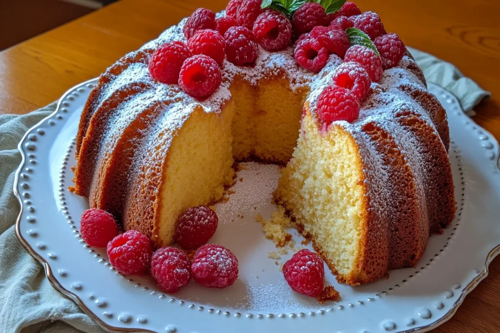 Delicious, homemade pound cake recipe with fresh raspberries and powdered sugar.
