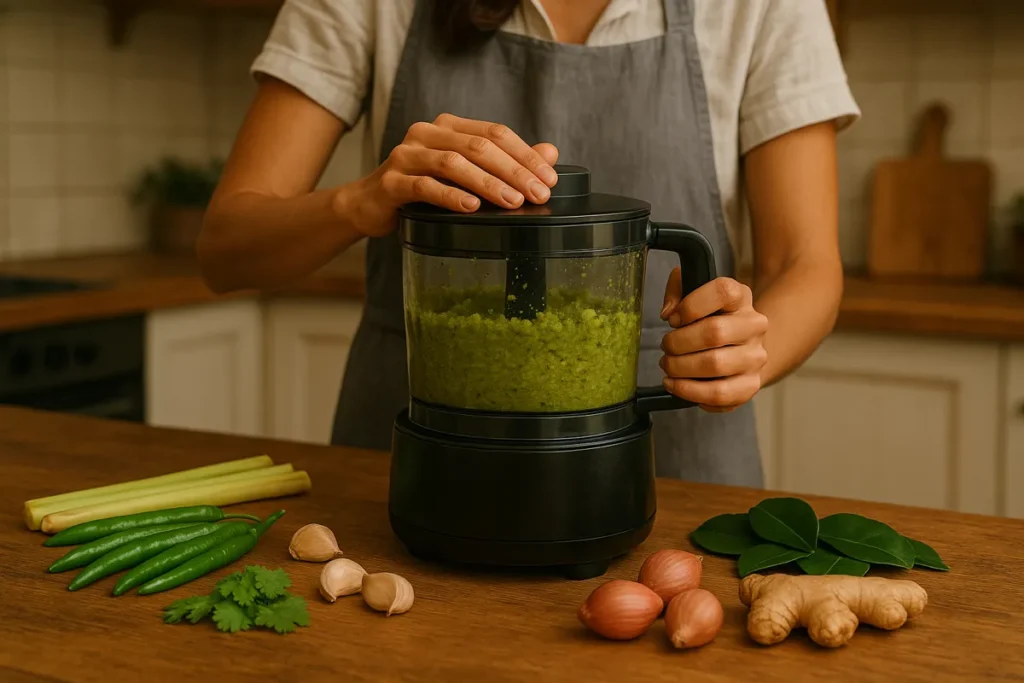 Green curry paste being blended in a food processor for homemade Thai curry.
