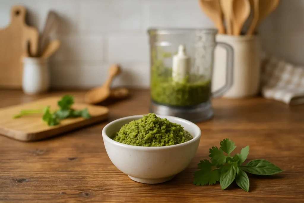Freshly made homemade Thai green curry paste in a bowl with herbs.