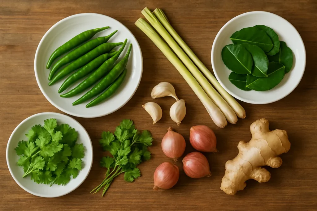 Fresh ingredients for homemade Thai green curry paste on a rustic table.
Title: Fresh Ingredients for Green Curry Paste