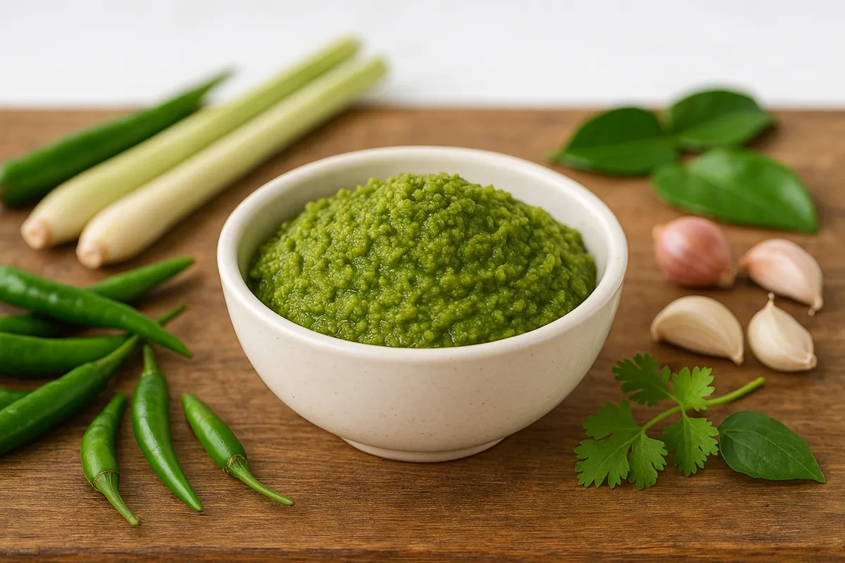 Freshly prepared homemade Thai green curry paste with vibrant herbs and spices.