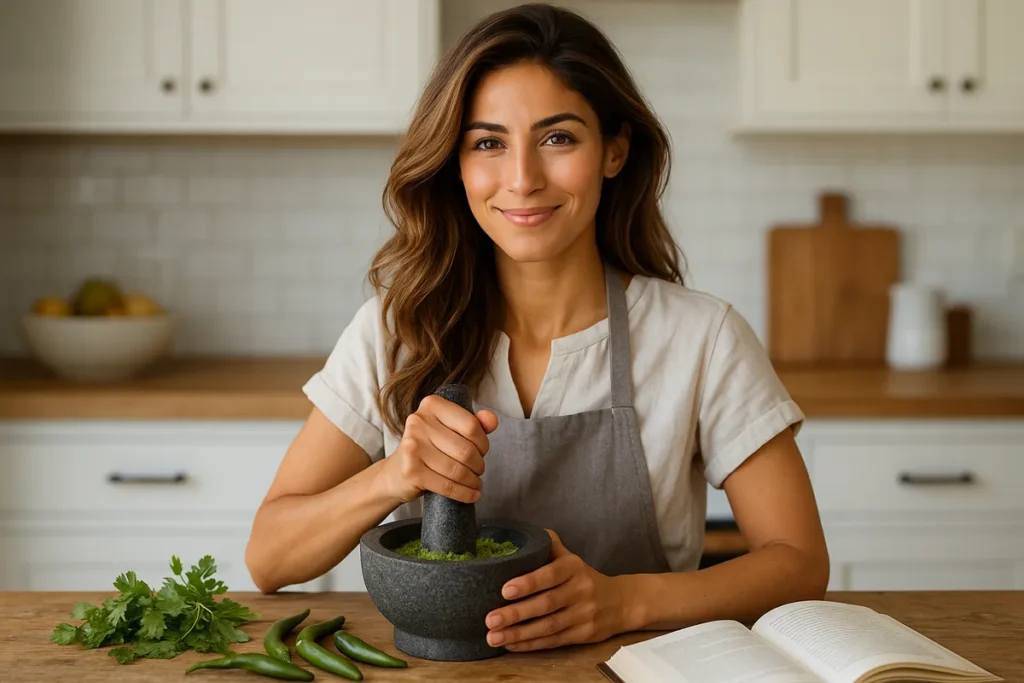 Cook preparing homemade Thai green curry paste with fresh herbs on a rustic table.